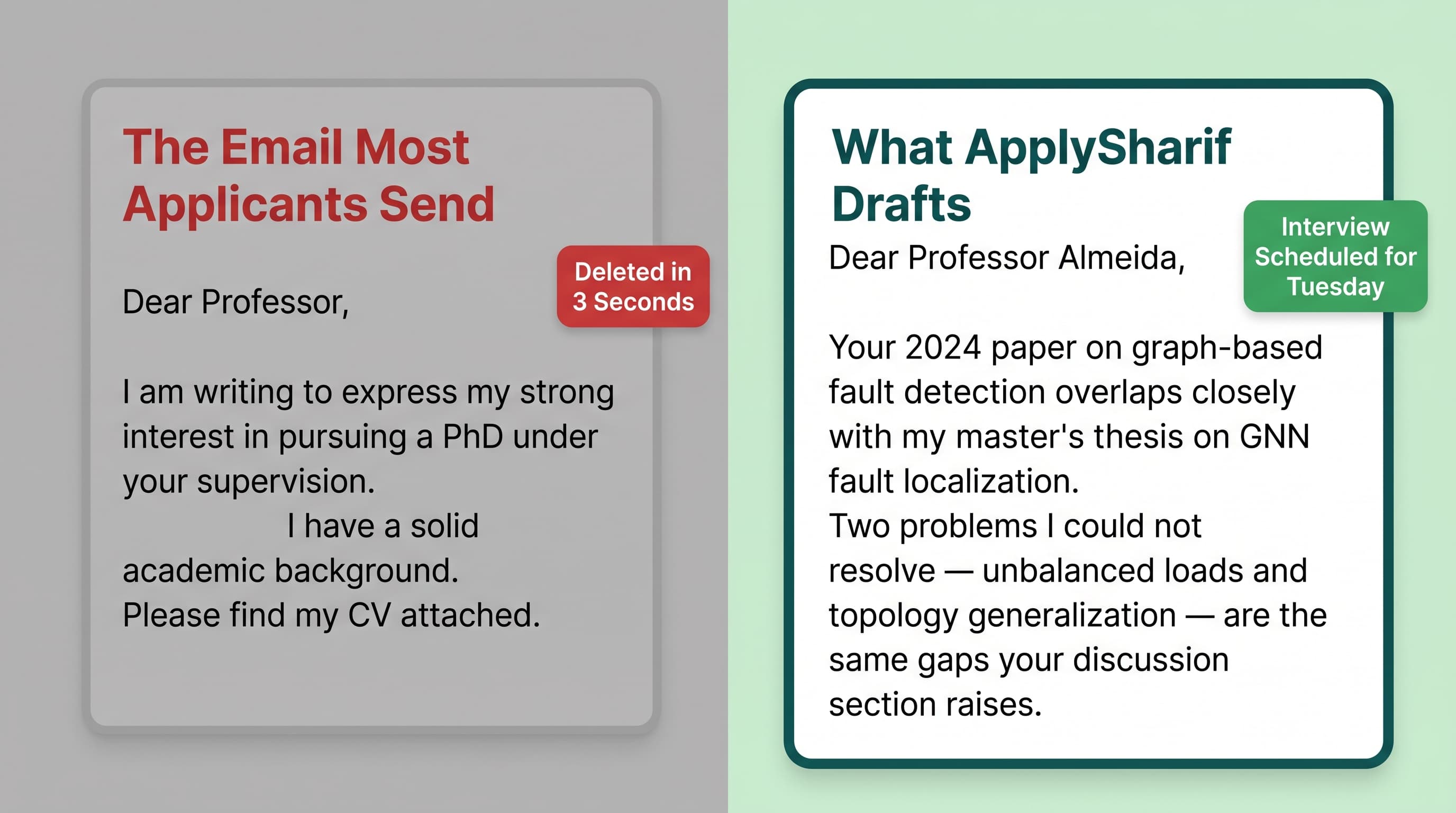 Studio comparison of a generic cold email blast versus an ApplySharif personalized outreach draft